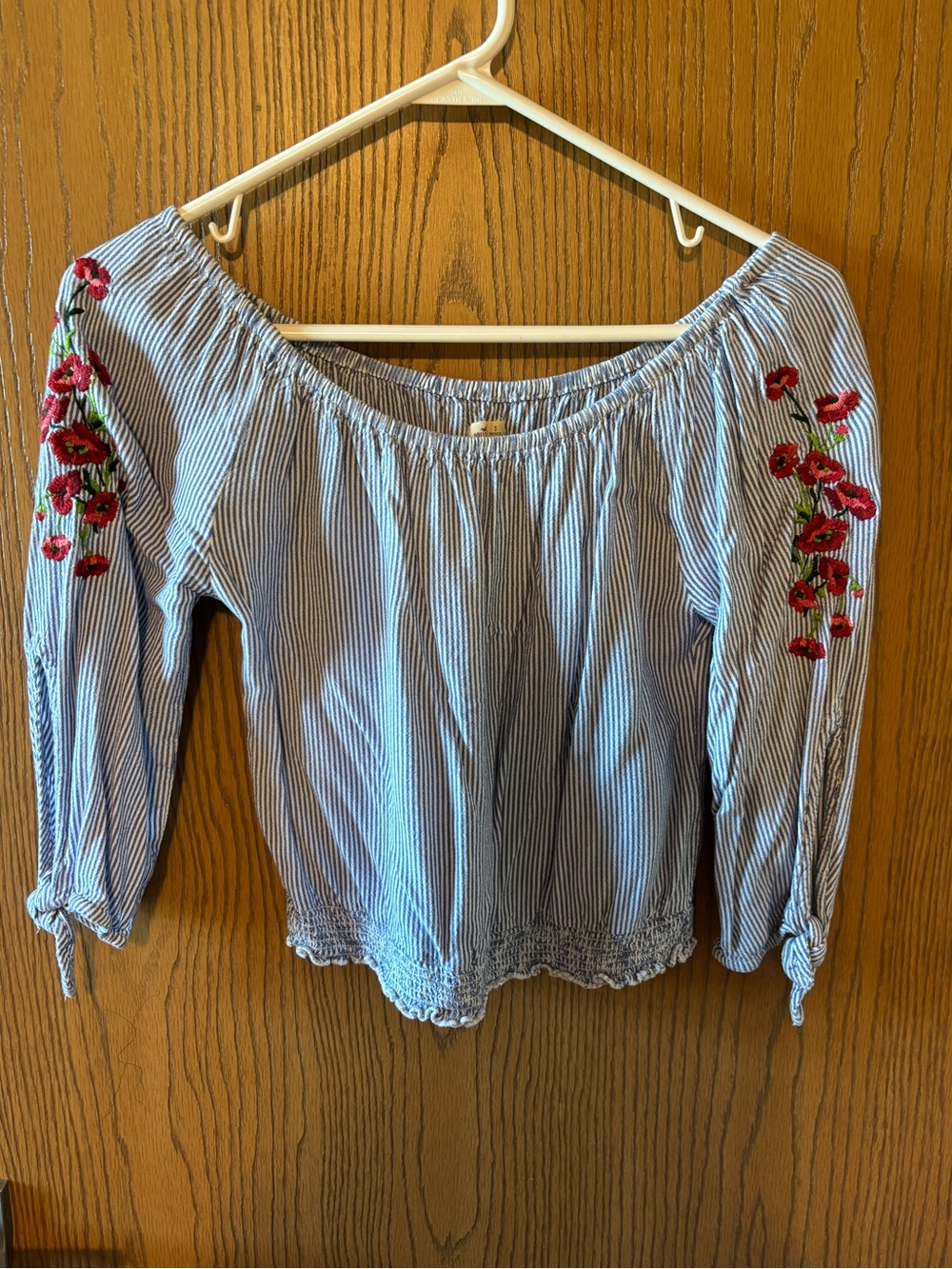 Striped Off-Shoulder Top with Red Floral Embroidery